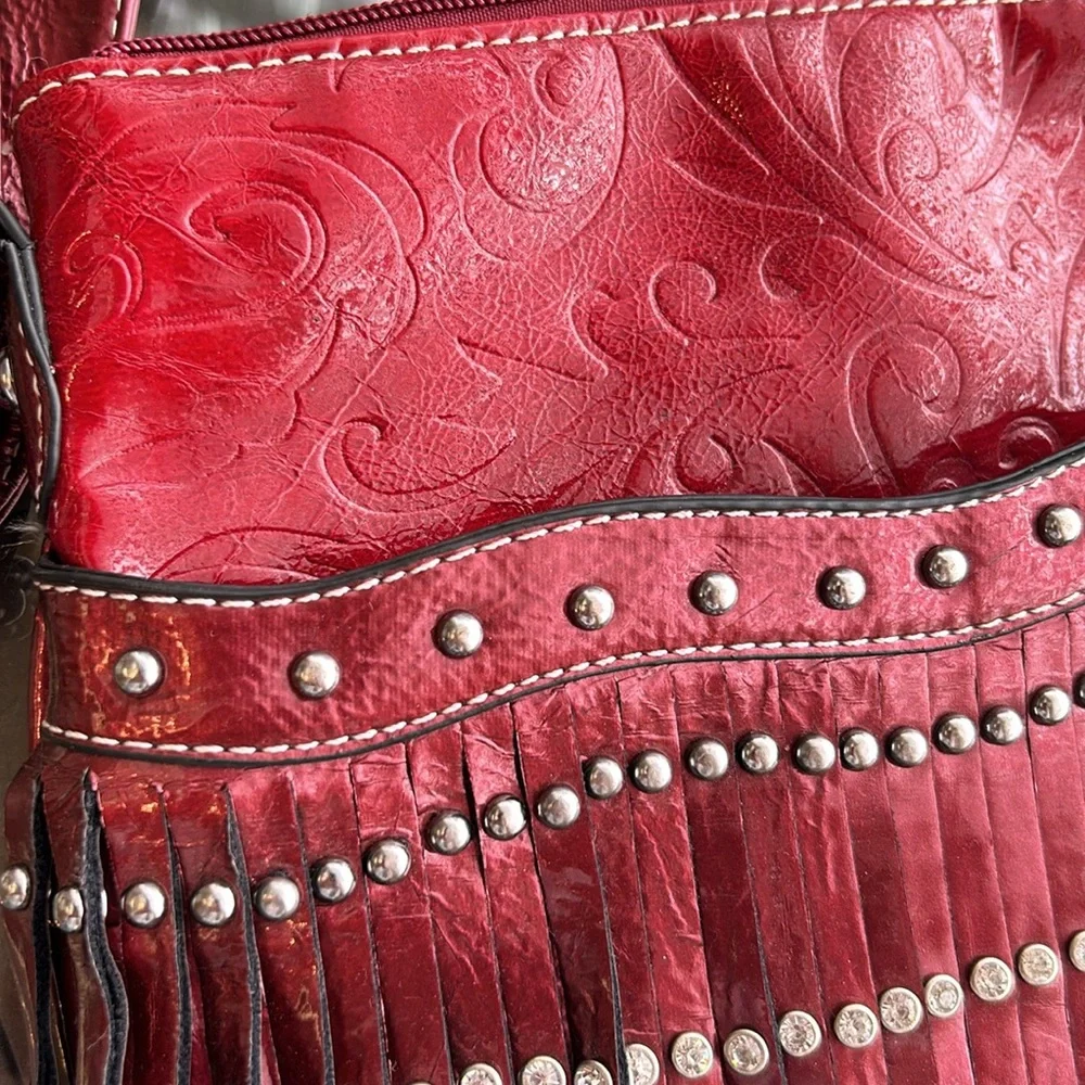 Western Faux Leather Fringe Purse‎ Rhinestones Studded Embossed Cowgirl Red